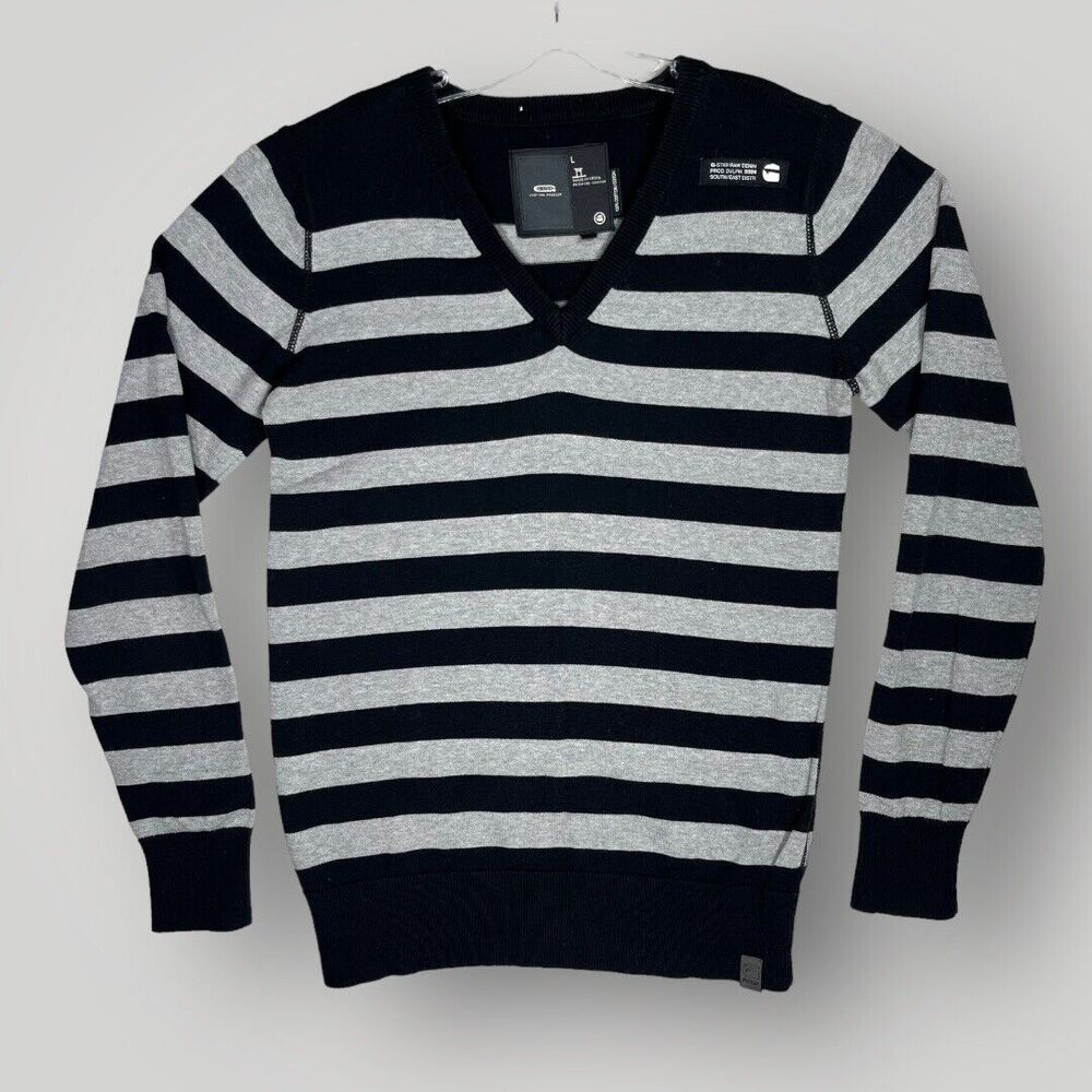 G-Star Raw Valley V Knit Stripe V-Neck  Pullover Sweater Women's Size Large